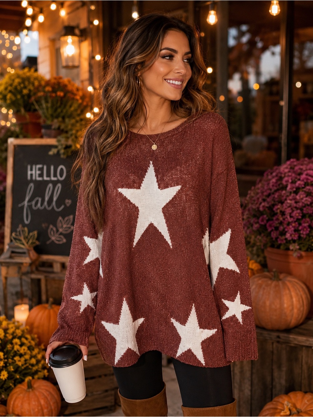In Loom Star Sweater S/M Rust Burgundy White Oversized Knit Pullover